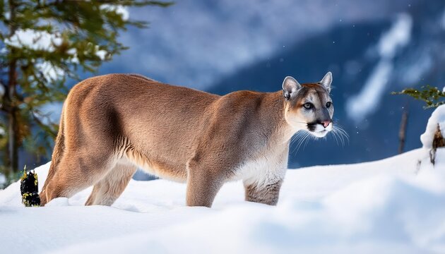 Majestic Mountain Lion in Deep Winter Snow A Feline Masterpiece Caught Amidst Frosty Peaks and Tranquil Landscape