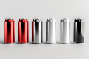 High-quality 3D render of aluminum slim cans in silver, white, black, and red, arranged on an isolated white background, perfect for beer can mockup templates