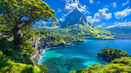 Fototapeta na wymiar Tropical island coastal view, lush greenery, mountains, clear water, sunny day, travel brochure