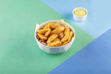 Rustic Gourmet French Fries on colorful and fanny scene