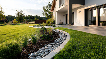 Water pipe in the garden, positioned near gravel and a healthy lawn, with a modern house in the background, suggesting a seamless fusion of functional and aesthetic elements.