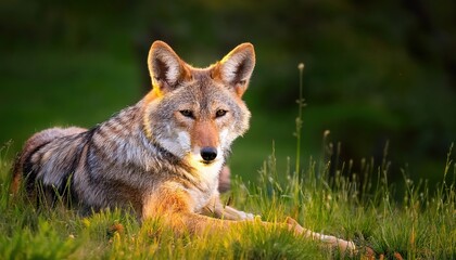 Naklejka premium Peaceful Closeup of a Coyote Nestled Among Grass, Capturing the Serene Wildlife Scene on a Morning in the American Southwest.