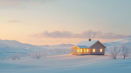 A serene winter scene featuring a cozy house surrounded by snow-covered hills, illuminated by warm light from the windows as the sun sets.