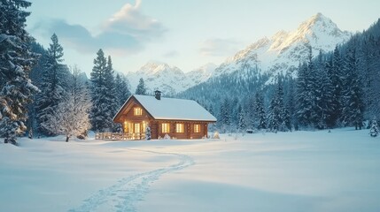 A cozy wooden cabin nestled among snow-capped mountains, surrounded by a tranquil winter landscape, evoking warmth and serenity in nature.