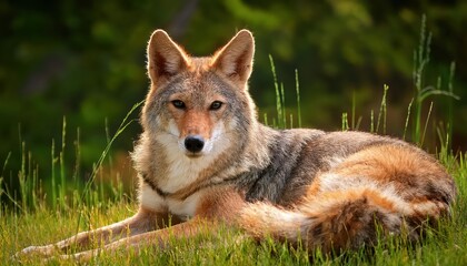 Naklejka premium Striking Closeup of a Resting Coyote Canis latrans Amidst Lush Grassland at Sunrise, Capturing Serene Moments in the Wild