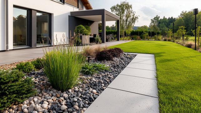 Water pipe in the garden, positioned near gravel and a healthy lawn, with a modern house in the background, suggesting a seamless fusion of functional and aesthetic elements.