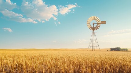 A serene landscape showcasing a vintage windmill amidst golden wheat fields under a bright blue sky with fluffy clouds, perfect for nature enthusiasts.