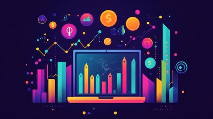 Laptop showing growth charts, financial data, and global map; background with rising bars and icons; for finance reports