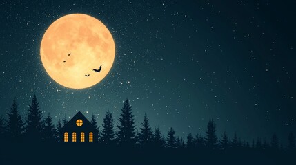 Naklejka premium A serene night scene featuring a large glowing moon above a cozy house surrounded by tall trees, casting a peaceful ambiance in the starry sky.