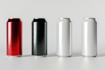 High-quality 3D render of aluminum slim cans in silver, white, black, and red, arranged on an isolated white background, perfect for beer can mockup templates