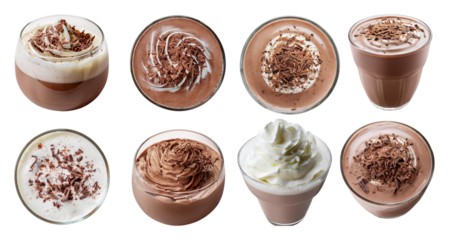 Various Indulgent Hot Chocolate Drinks with Toppings and Garnishes, isolated on transparent background