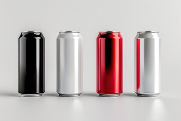 High-quality 3D render of aluminum slim cans in silver, white, black, and red, arranged on an isolated white background, perfect for beer can mockup templates
