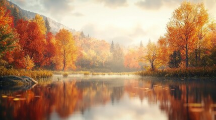 A serene autumn landscape featuring golden foliage reflecting on a tranquil lake, framed by distant mountains and soft morning light.