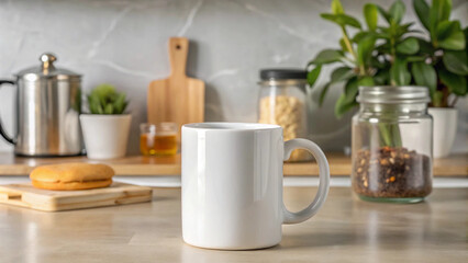Fototapeta premium Blank Mug Mockup in a Bright and Cozy Kitchen Setting