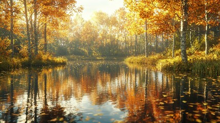 Obraz premium A serene autumn landscape featuring vibrant orange and yellow leaves reflecting on a calm river, surrounded by lush trees and soft morning light.