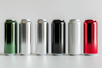 High-quality 3D render of aluminum slim cans in silver, white, black, and red, arranged on an isolated white background, perfect for beer can mockup templates