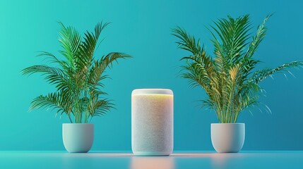 A serene indoor setting featuring two lush potted plants flanking a modern decorative vase. Ideal for promoting relaxation and green living.