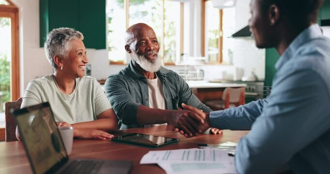 Handshake, meeting and financial advisor with old couple at home for planning, retirement fund and consulting. Welcome, life insurance agent and shaking hands with people for mortgage agreement