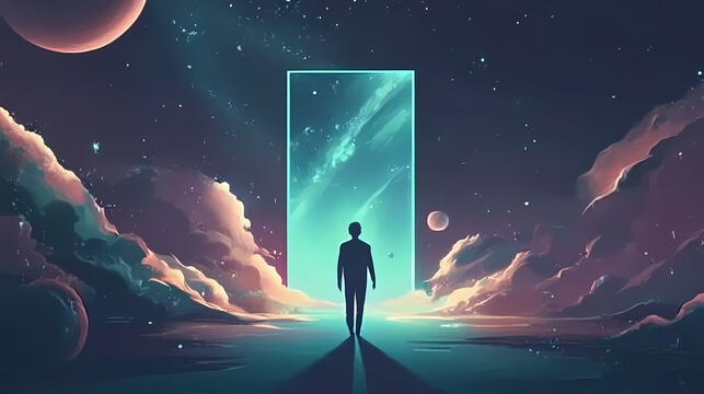 Man walking towards parallel universe portal in space. Parallel Universe & Alternate History. Illustration
