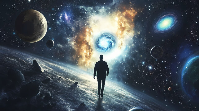 Man walking towards parallel universe portal in space. Parallel Universe & Alternate History. Illustration