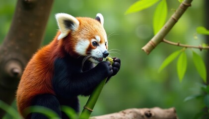 Fototapeta premium Red panda eating bamboo in a naturalistic enclosure, nature photography, mammal