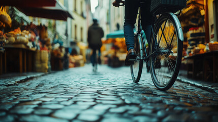 Rider on a Vintage Bicycle Exploring a Cobblestone Street in a Historic European Town with Blurred Market Stalls and Architecture