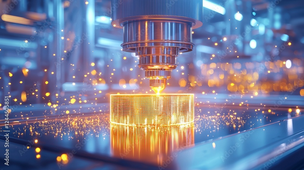 Poster Close-up of a high-tech laser cutting machine in action, creating sparks as it processes a clear material, showcasing advanced manufacturing technology.