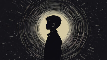 Silhouette of a boy with a time tunnel, a boy in a parallel world, a time traveler. Parallel Universe & Alternate History. Illustration