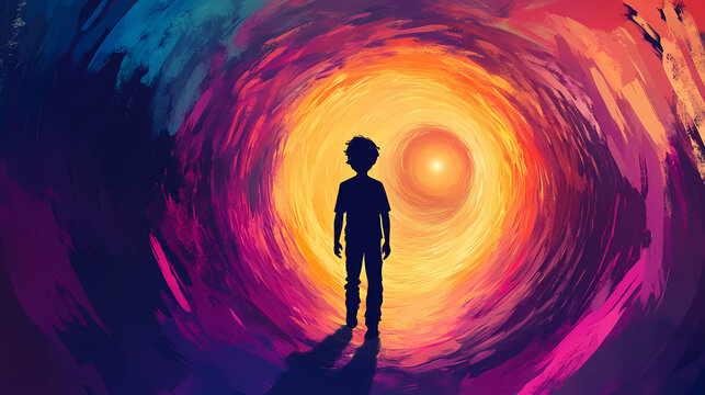 Silhouette of a boy with a time tunnel, a boy in a parallel world, a time traveler. Parallel Universe & Alternate History. Illustration