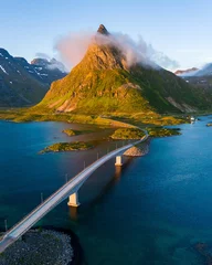 Gordijnen Midnight sun in Fredvang, surrounded by the majestic fjords of Lofoten Islands, Norway © charlesbarbe.com