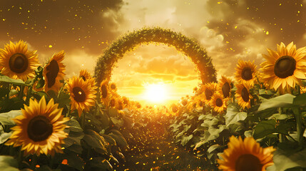 Sunflower field portal giant blooms framing circular gateway to parallel universe petals shifting between realities. Parallel Universe & Alternate History. Illustration