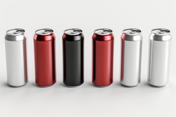 High-quality 3D render of aluminum slim cans in silver, white, black, and red, arranged on an isolated white background, perfect for beer can mockup templates