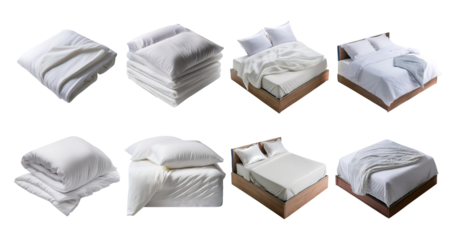 Various White Bedding Sets and Accessories for Cozy Bedrooms, isolated on transparent background