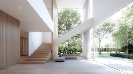 Fototapeta premium Modern home interior, staircase, garden view, sunlight