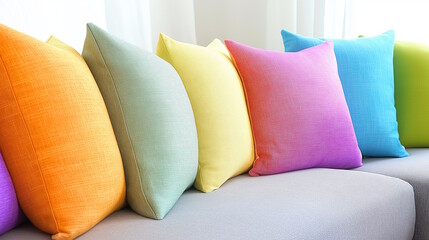 Vibrant colorful decorative pillows on a modern sofa for interior design inspiration