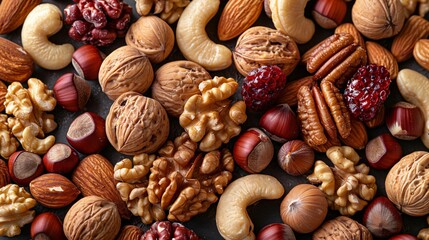 A perfect top view of a dark surface full of fresh nuts 