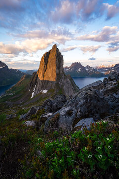 Midnight sun over Segla mountain on Senja Island, Norway