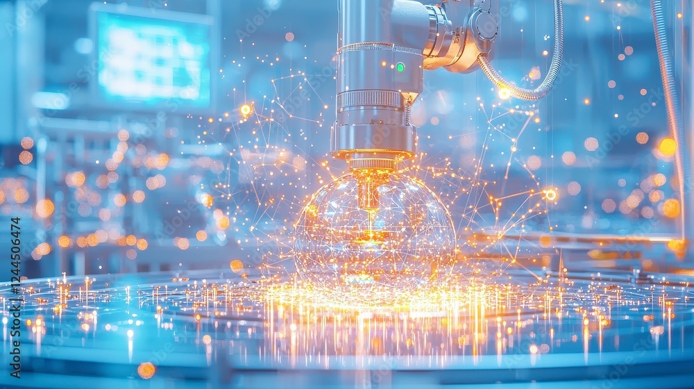 Poster a close-up image showcasing a robotic arm working on a metal surface, creating sparks and showcasing
