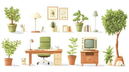 Cozy workspace with plants, desk, and decorative items in a bright, inviting room