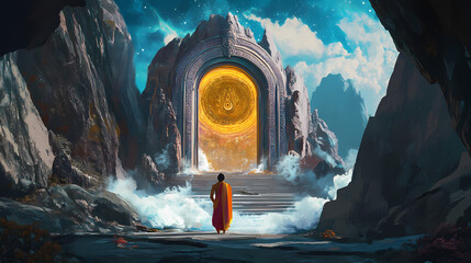 Vishnu standing in front of a cosmic portal, opening the path to different realms, vishnu and cosmic portal, spiritual realms, fantasy. Parallel Universe & Alternate History. Illustration