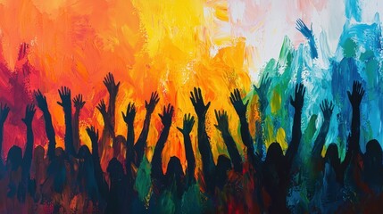 Abstract people protest background. Vibrant watercolor illustration of young people standing with raising hands. Crowd of protesters. Protest, revolution, conflict poster