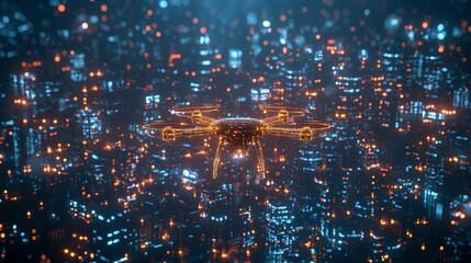 Obraz premium A futuristic drone hovers over a dazzling cityscape at night, illuminating the skyline with bright lights in a technological marvel.