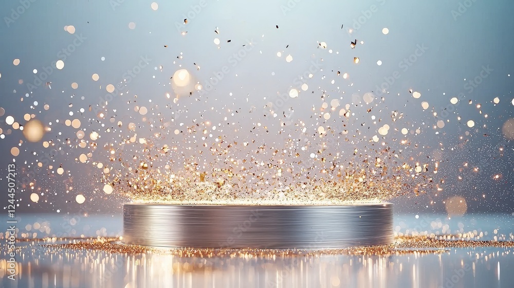 Poster a stunning display of shimmering particles over a metallic surface, creating a magical atmosphere pe