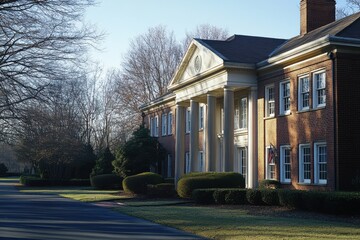 Grand brick mansion on a sunny morning.