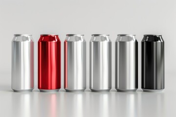 High-quality 3D render of aluminum slim cans in silver, white, black, and red, arranged on an isolated white background, perfect for beer can mockup templates