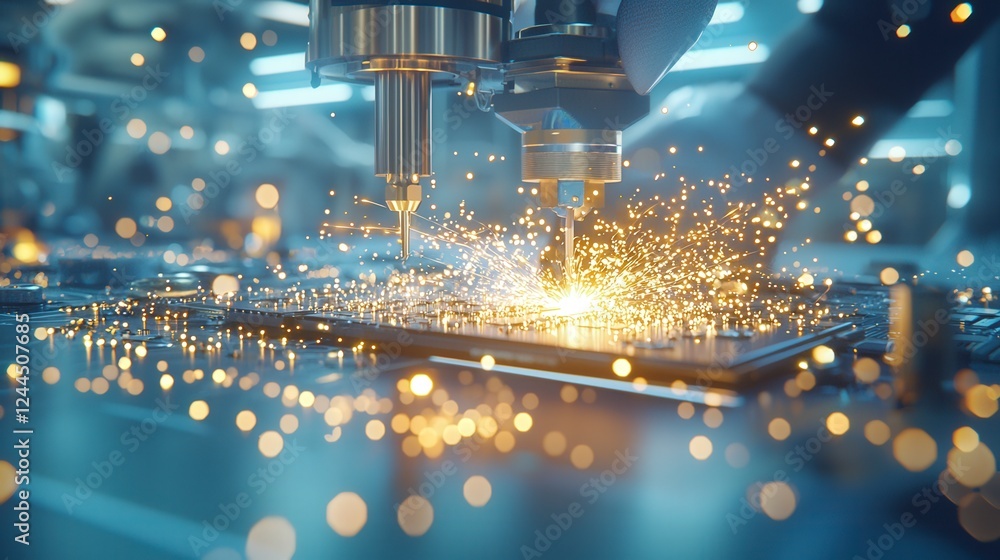 Poster an intricate process of metalworking where a machine tool cuts and shapes materials, creating sparks
