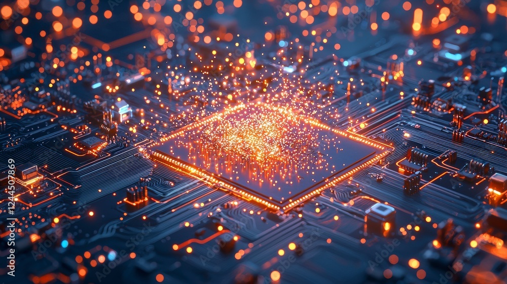 Poster a close-up view of a glowing microchip with vibrant sparks, showcasing advanced technology and innov