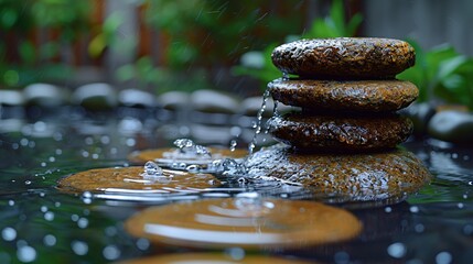 Beautiful dark large stones placed on water in blur background