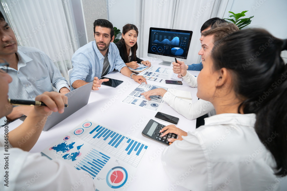 Poster diverse corporate audit team or company bookkeeper and accountant consultant calculate account expen