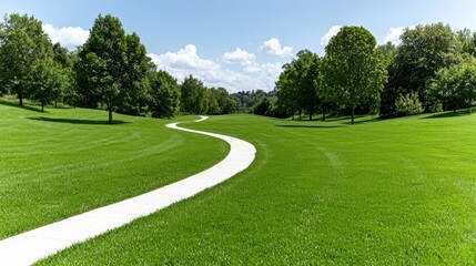 Obraz premium Winding path through green parkland under blue sky